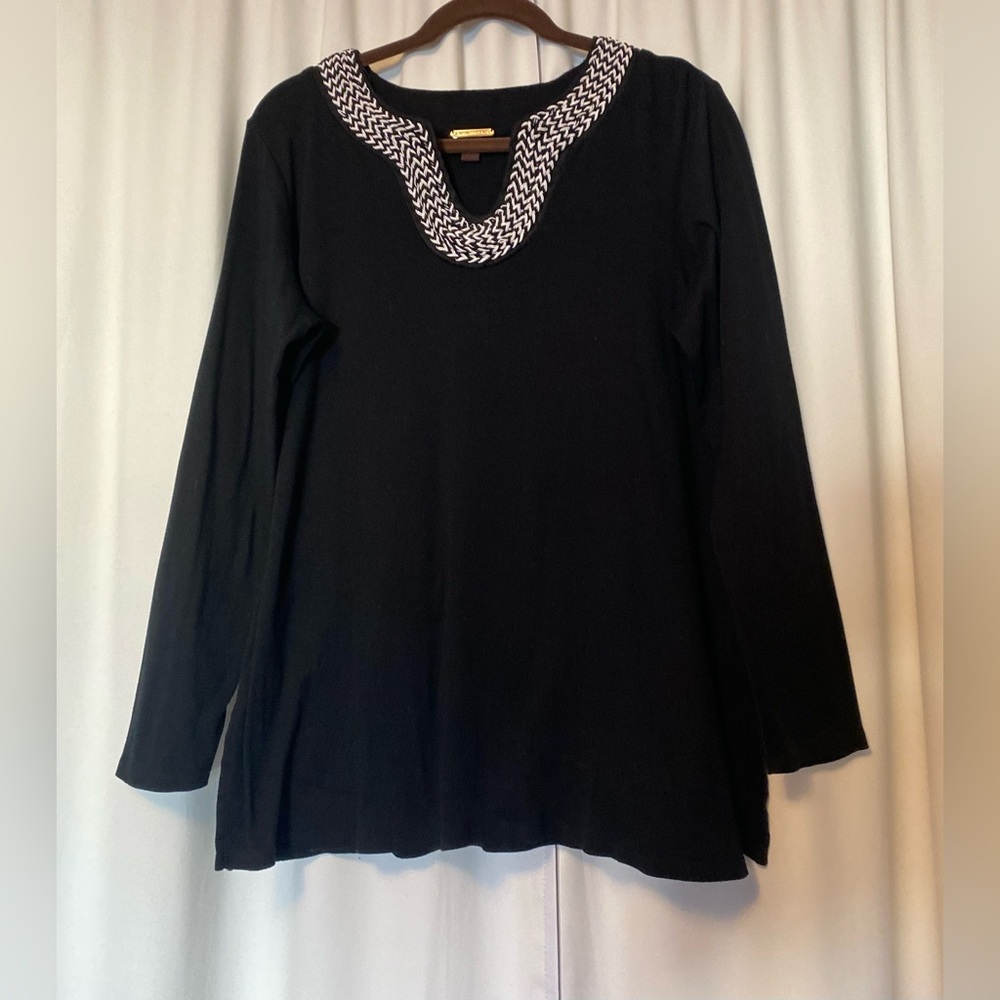 Dana Buchman 100% Cotton Black Top with Patterned Neckline